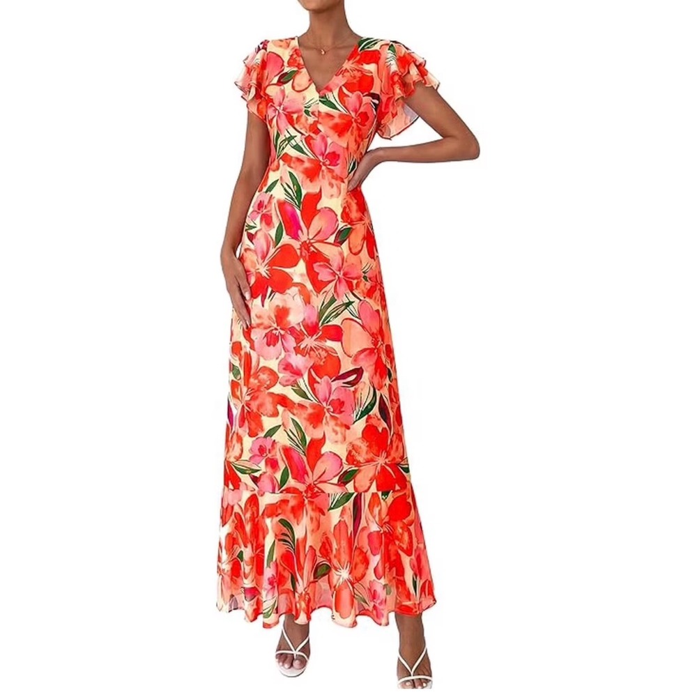 PrettyGarden Red Floral V Neck Flutter Sleeve Maxi Dress L Tropical Resort Vacay
